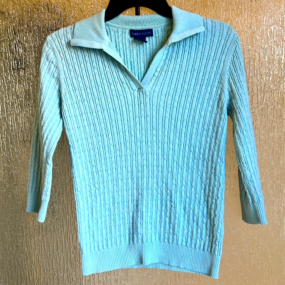 Karen Scott small blue v neck cable knit  sweater